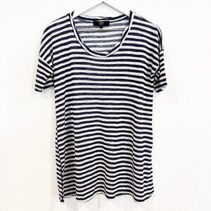 Coin 1804 Striped Soft Slub Scoop Neck Top Navy Blue White Nautical Casual Small